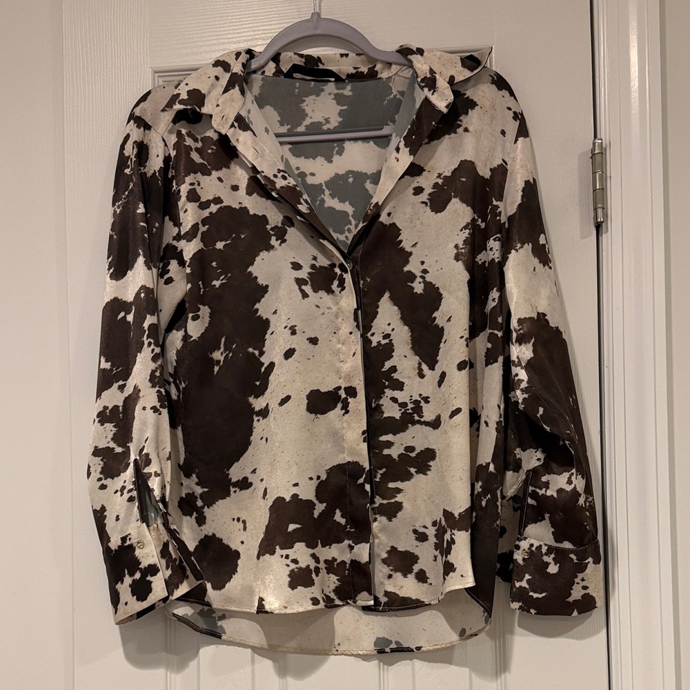 Brown and Cream Cow Print Button-Front Women's Blouse